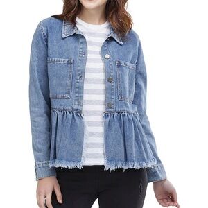 Mud Pie denim peplum jacket with a raw edge hem